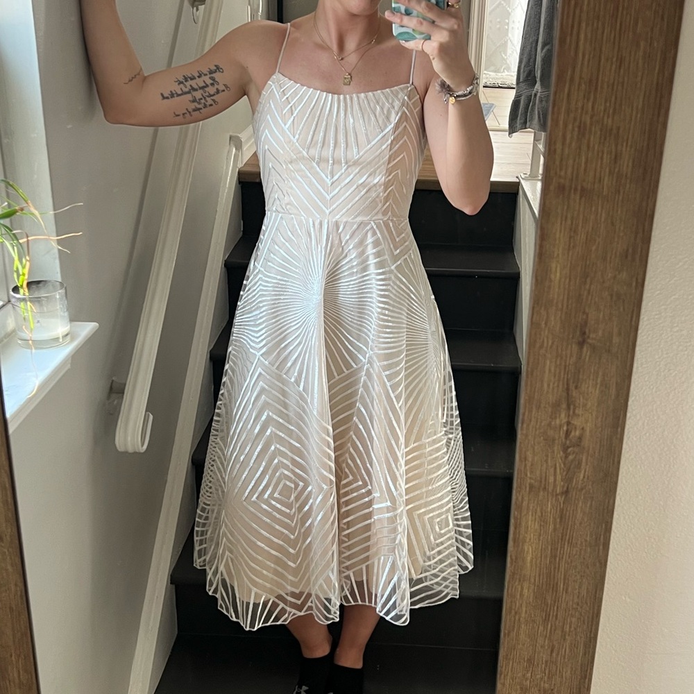 White a-line midi dress with geometric design, bridal, NWOT
